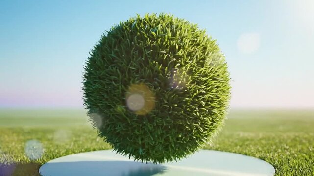 Luxurious 3D render of a grass sphere on a clean white surface in a scenic outdoor setting with a sunny bright sky