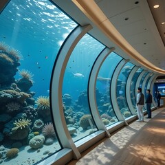 Fototapeta premium Undersea Observation Deck Thick glass wall showing a coral reef
