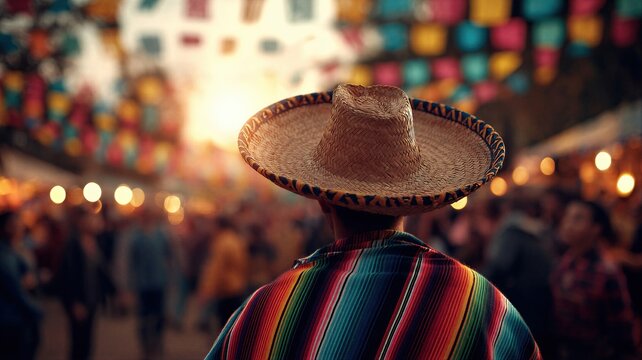 Man wearing sombrero and colorful poncho standing in crowd at street festival. Traditional Mexican cultural celebration during Cinco de Mayo event. Joyful atmosphere of parade outdoors.