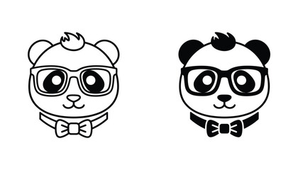 Cute panda character wearing glasses and bowtie illustration in linear and solid black graphic styles for children branding or stationery and creative design projects © Silver