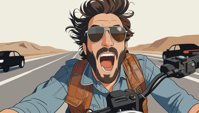 Excited male motorcyclist riding on desert highway
