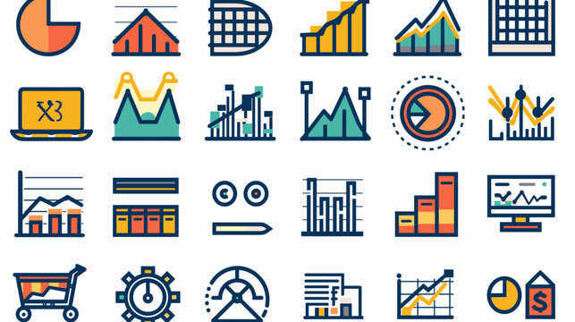 Collection of Business and Finance Icons Representing Data Analysis and Growth Strategies in