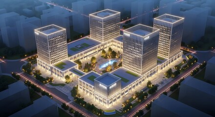 Fototapeta premium Aerial view of a modern business complex at night with illuminated buildings and surrounding city lights