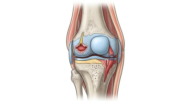 Anatomical of a human knee joint showing severe patellofemoral pain syndrome and cartilage damage