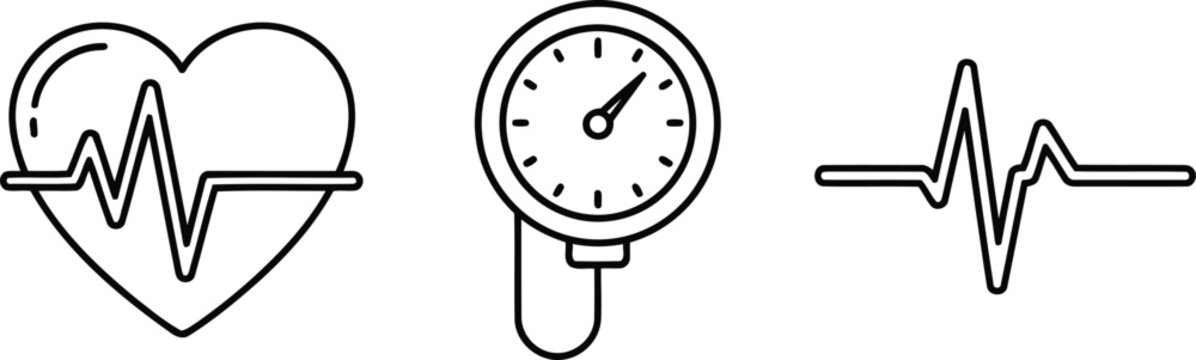 Vector of Heart pulse monitor pressure gauge and electrocardiogram line icons for medical health diagnostic applications