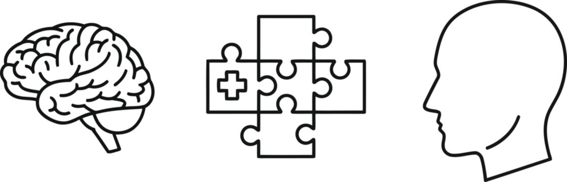 Vector of Human brain icon medical puzzle cross and silhouette of human head for psychological research and health