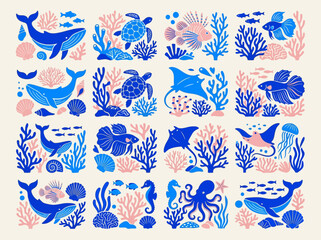 Marine Life Illustration Set with Whale, Turtle, Octopus, and Coral Reef in Modern Flat Style - Vector Sea Animal Icons for Coastal Decor and Graphic Design © Desti
