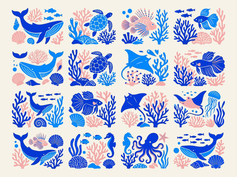 Marine Life Illustration Set with Whale, Turtle, Octopus, and Coral Reef in Modern Flat Style - Vector Sea Animal Icons for Coastal Decor and Graphic Design