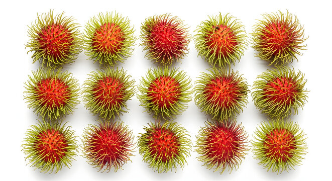 Top view of fresh rambutan fruits arranged in a grid pattern