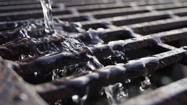 Water flowing through a metal grate closeup shot.