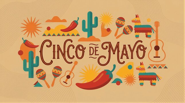 Cinco de mayo holiday greeting card design. Celebration banner with vintage illustration of mexican icons including guitar, maracas, pinata, cactus and chili pepper on beige textured background.