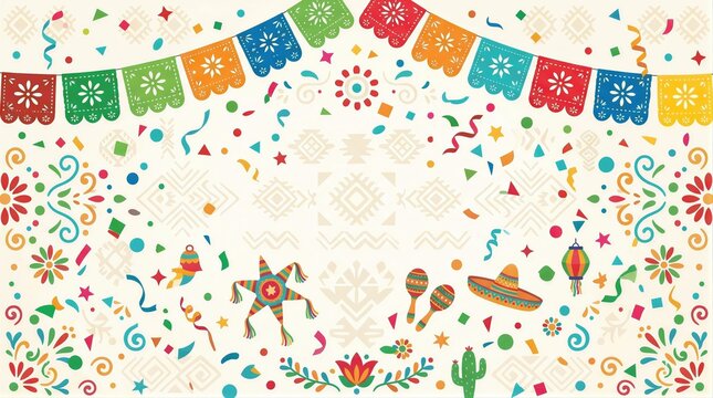 Cinco de mayo vector background with colorful paper flags, maracas, sombrero and confetti. Festive Mexican holiday design for invitation, party banner and greeting card decoration.