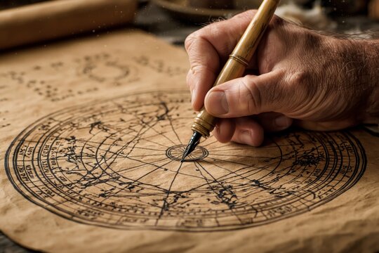 Close-up of a hand using a quill to draw a complex natal chart on an aged parchment scroll