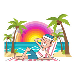 Fototapeta premium Flat vector illustration of a happy man reclining on a striped beach towel at a tropical resort, featuring palm trees, a colorful rainbow sunset, and calm ocean waves background.