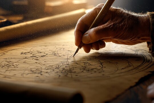 Close-up of a hand using a quill to draw a complex natal chart on an aged parchment scroll
