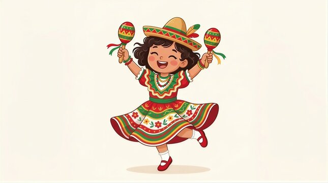 Happy little girl dancing with maracas in a traditional Mexican dress and sombrero. Joyful kid celebrating Cinco de Mayo. Cartoon illustration of festive Hispanic cultural holiday.