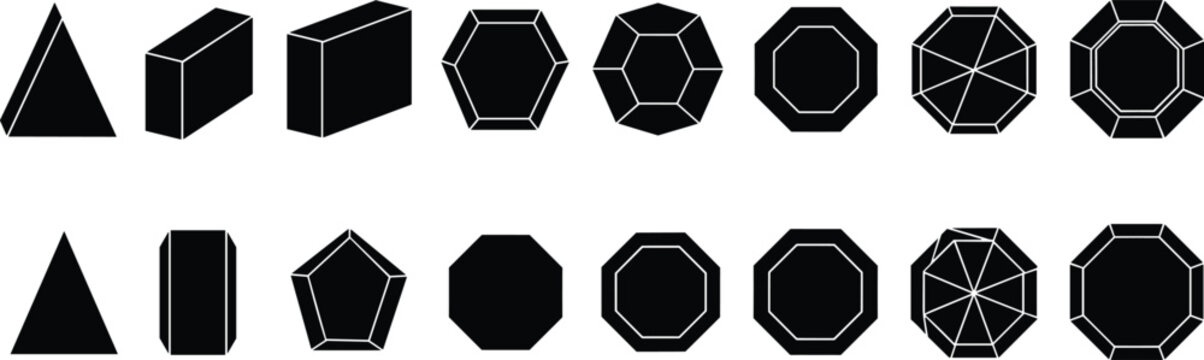 Geometric shapes collection 3d polygons and solid figures vector illustration black abstract forms set for design and mathematical concepts