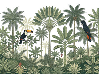 Tropical Jungle Landscape Illustration with Toucan, Black Cockatoo, Palm Trees and Exotic Botanical Foliage on White Background © Desti