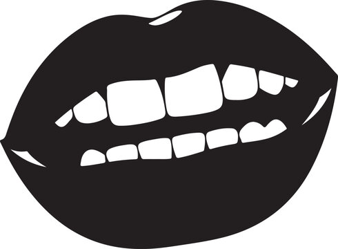 Black silhouette of an open mouth with sharp teeth and fangs, biting its lip, conveying a sense of danger, sensuality, or a vampire.