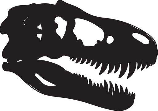Detailed black silhouette of a Tyrannosaurus Rex skull, showcasing sharp teeth and ancient bone structure, representing paleontology and prehistoric power.