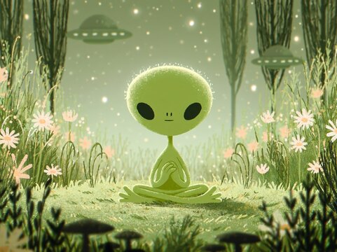 Cute alien sitting in green garden with flowers