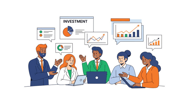 Illustration of a diverse team collaborating with laptops and discussing investment charts and graphs on a clean white