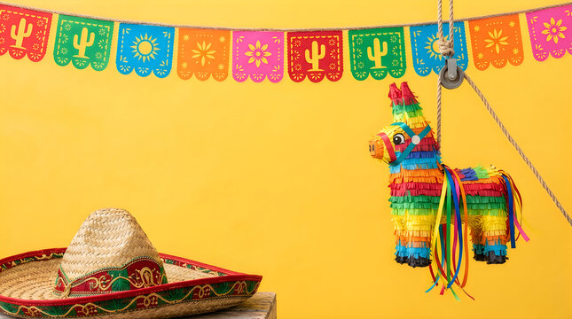 Colorful pinata hanging at festive mexican party with sombrero