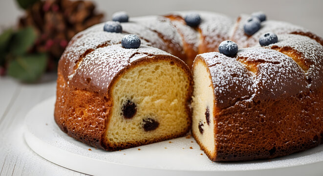 Baked walnut and raisin roll cake from Romania, or known as Cozonac served with powder sugar sprinkles on a cake platter