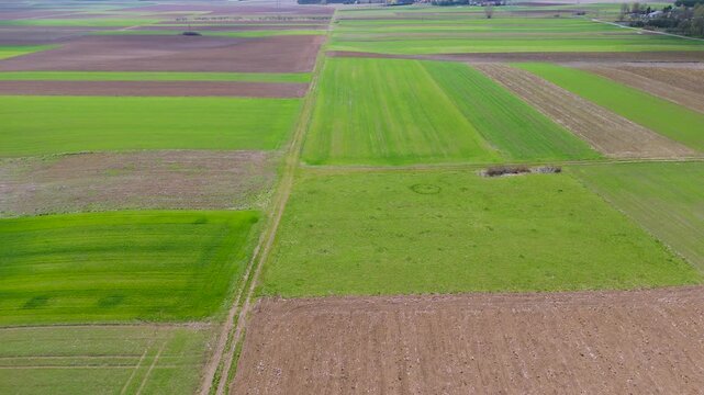 aerial farmland patchwork top view for agriculture background with field patterns and cultivated land textures