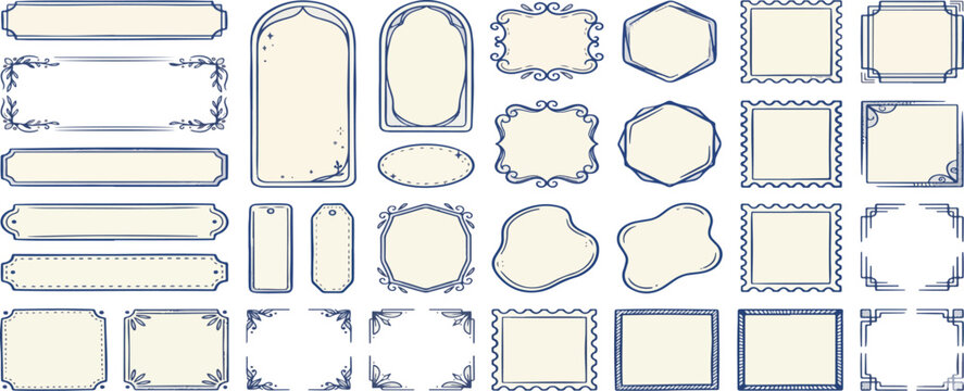 Doodle frame set, vector hand drawn stamp border, vintage abstract wavy post stamp simple design. Blue decorative rectangle label, empty banner shape collection. Coastal retro postmark doodle frame 