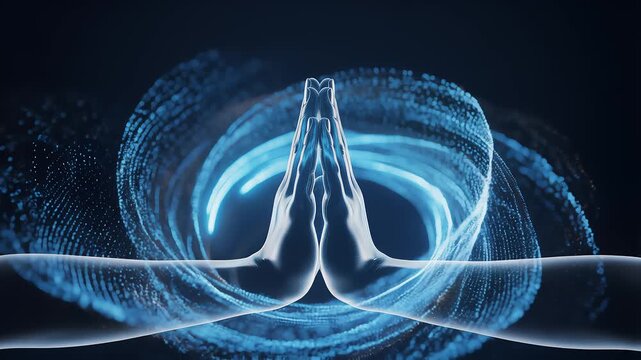 Glowing spiritual hands in prayer with swirling energy particles
