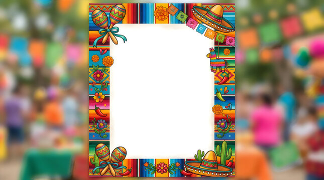 Mexican celebration border with maracas and chili and sombrero