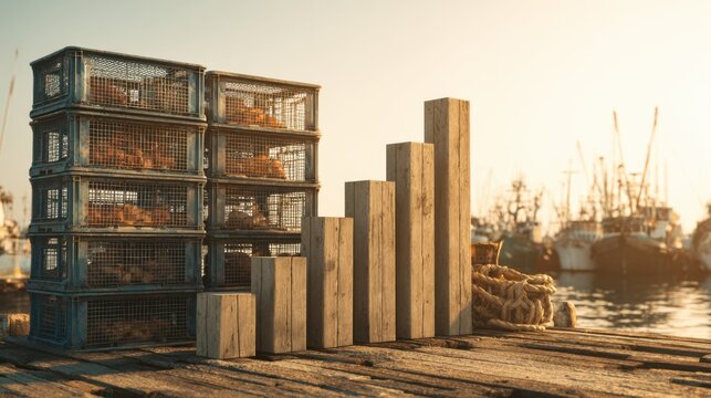 Coastal lobster traps arranged near wooden posts in the harbor. The scene captures the essence of the fishing industry with sunlight casting a warm glow