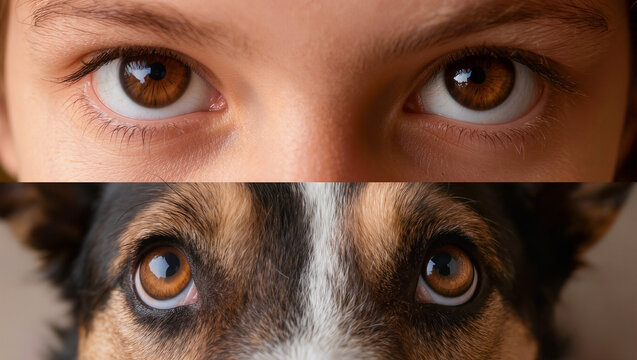 Macro Closeup Comparison of Human Brown Eyes and Dog Eyes Side by Side, Pet Bond Resemblance Concept