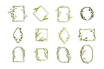 Twelve unique floral frames are displayed, each adorned with green leaves and vine elements. The frames come in various geometric and organic shapes, featuring a hand-drawn, rustic style. © okskukuruza