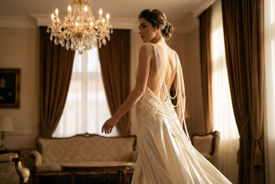 A gorgeous female walking through an opulent classic room wearing a stunning backless bridal dress adorned with detailed draped jewelry