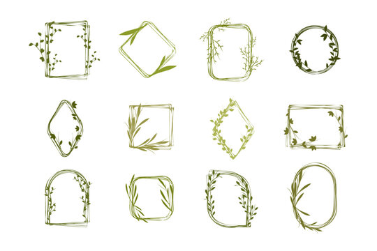 Twelve unique floral frames are displayed, each adorned with green leaves and vine elements. The frames come in various geometric and organic shapes, featuring a hand-drawn, rustic style.
