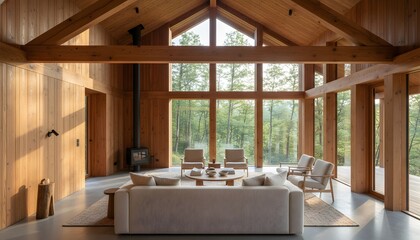 Fototapeta premium Modern interior architecture of wooden chalet with forest view, showcasing dacha arrangement and home improvement concept for a cozy living room retreat