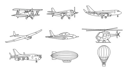 Set of various aircraft icons, including airplanes, helicopter, zeppelin, and hot air balloon © S.Siam
