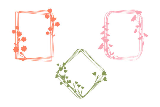 Three stylized floral frames feature hand drawn flowers and vines.