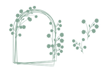 A decorative green floral arch frame with multiple thin lines stands on a white background, adorned with small, simple flowers and graceful stems. © okskukuruza