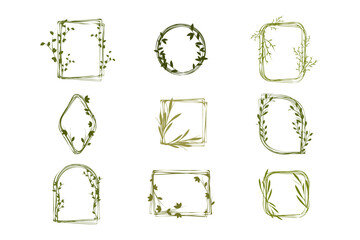 Naklejka premium Collection of nine distinct green botanical frames with hand drawn leaves and branches. Various organic shapes including rectangles, circles, squares, and arches provide a natural aesthetic.