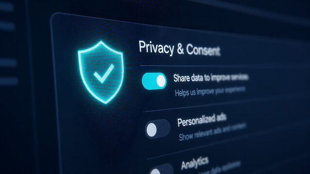 Privacy and consent settings menu with glowing shield and toggle switches for data sharing and personalized ads on technology interface