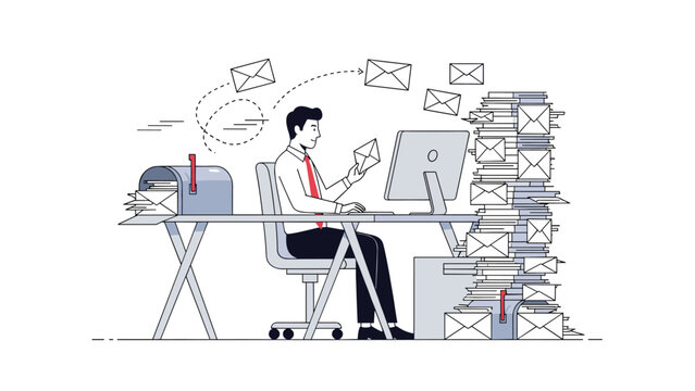 Stressed businessman trying to hold up a giant stack of office folders under intense pressure of a looming deadline.