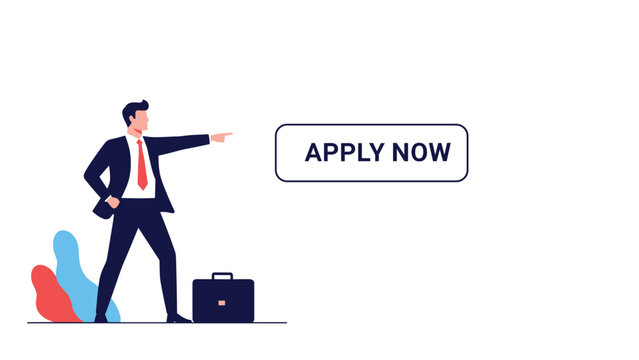 Confident businessman pointing towards an apply now button for recruitment and job application concept design.