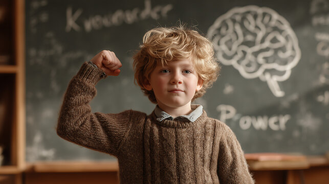 Boy showing arm muscles in front of chalkboard with funny confident expression.