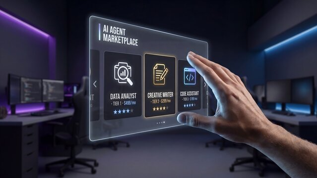 Digital marketplace for AI agents offering creative services like data analysis and content generation, with a hand interacting with a futuristic interface