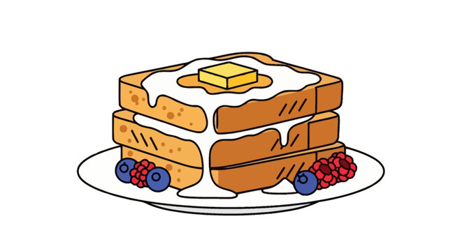 Cartoon French toast stack with butter and berries on white