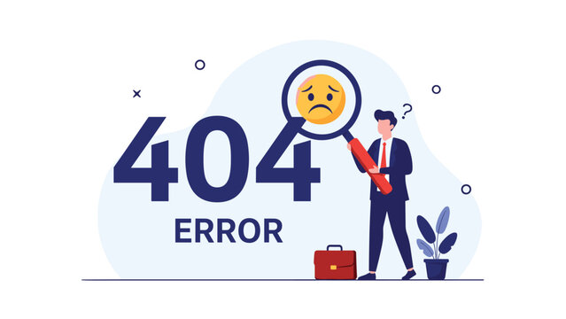 Puzzled businessman uses a large magnifying glass to inspect a digital 404 page not found error message while searching for lost website information.