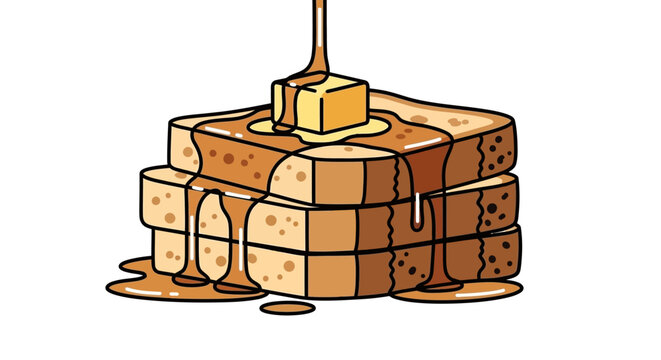 French toast stack with melting butter and pouring maple syrup